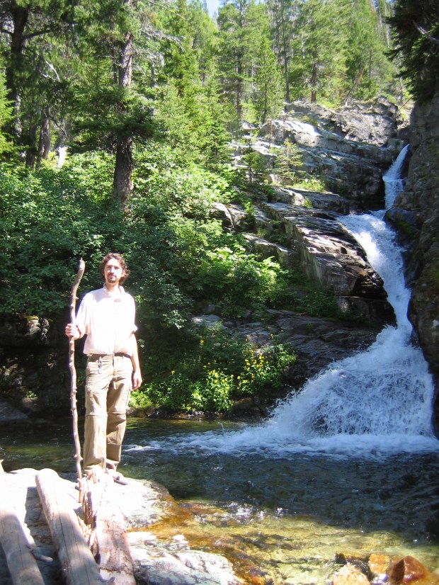 Matt at waterfall -- other hikers admired his big stick wherever we hiked